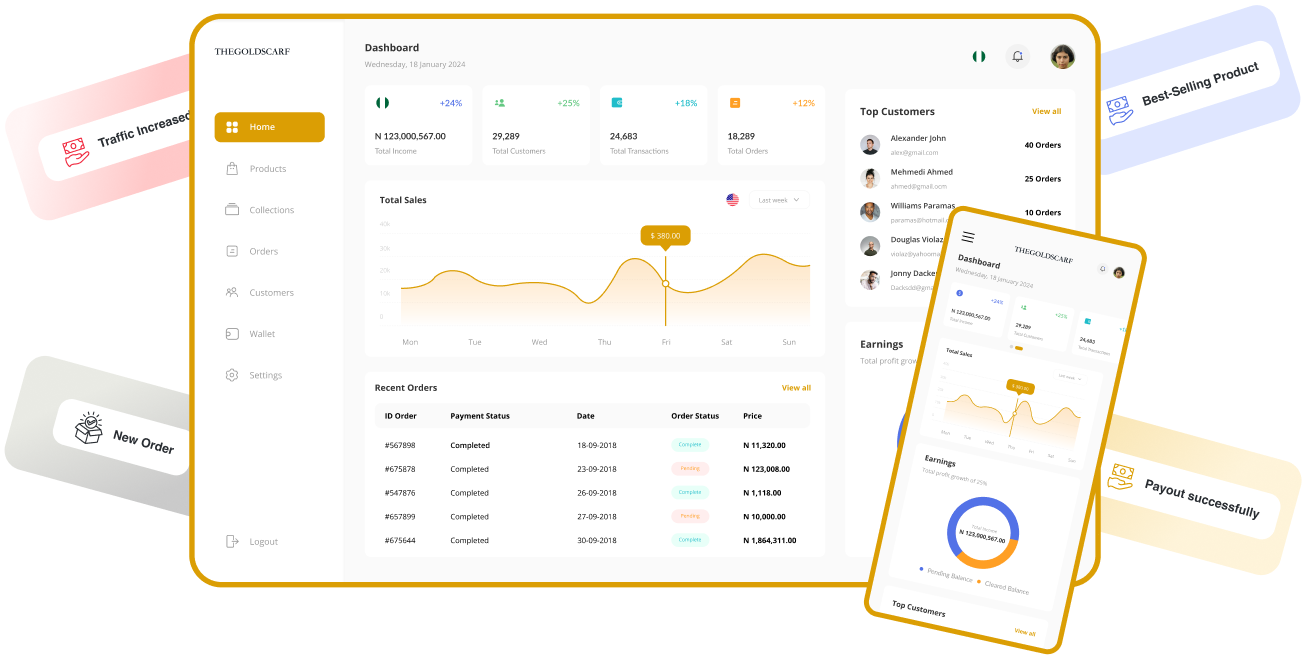 Studio dashboard showing orders and products